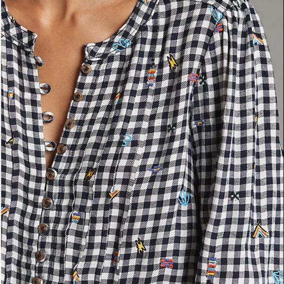 Anthropologie Pilcro M NWT Embroidered Gingham Buttondown Shirt Top Blouse - Picture 3 of 4